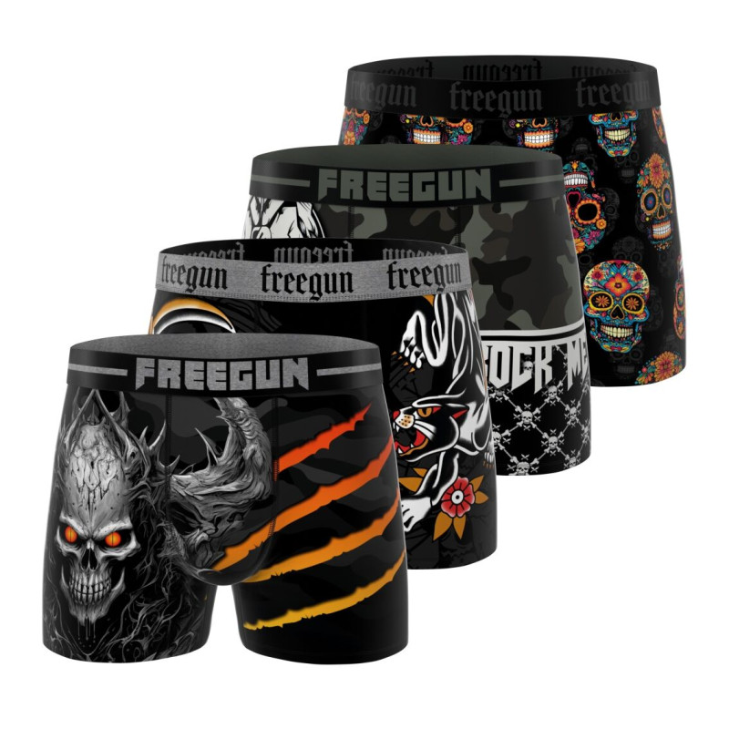 Lot de 4 Boxers Microfibre homme Confort, Respirant, Stretch Imprimé Skull Garantie 2 ans | FREEGUN