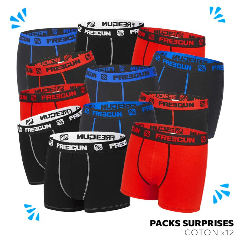 Pack Surprise de 12 Boxers Homme Coton Uni Stretch| FREEGUN