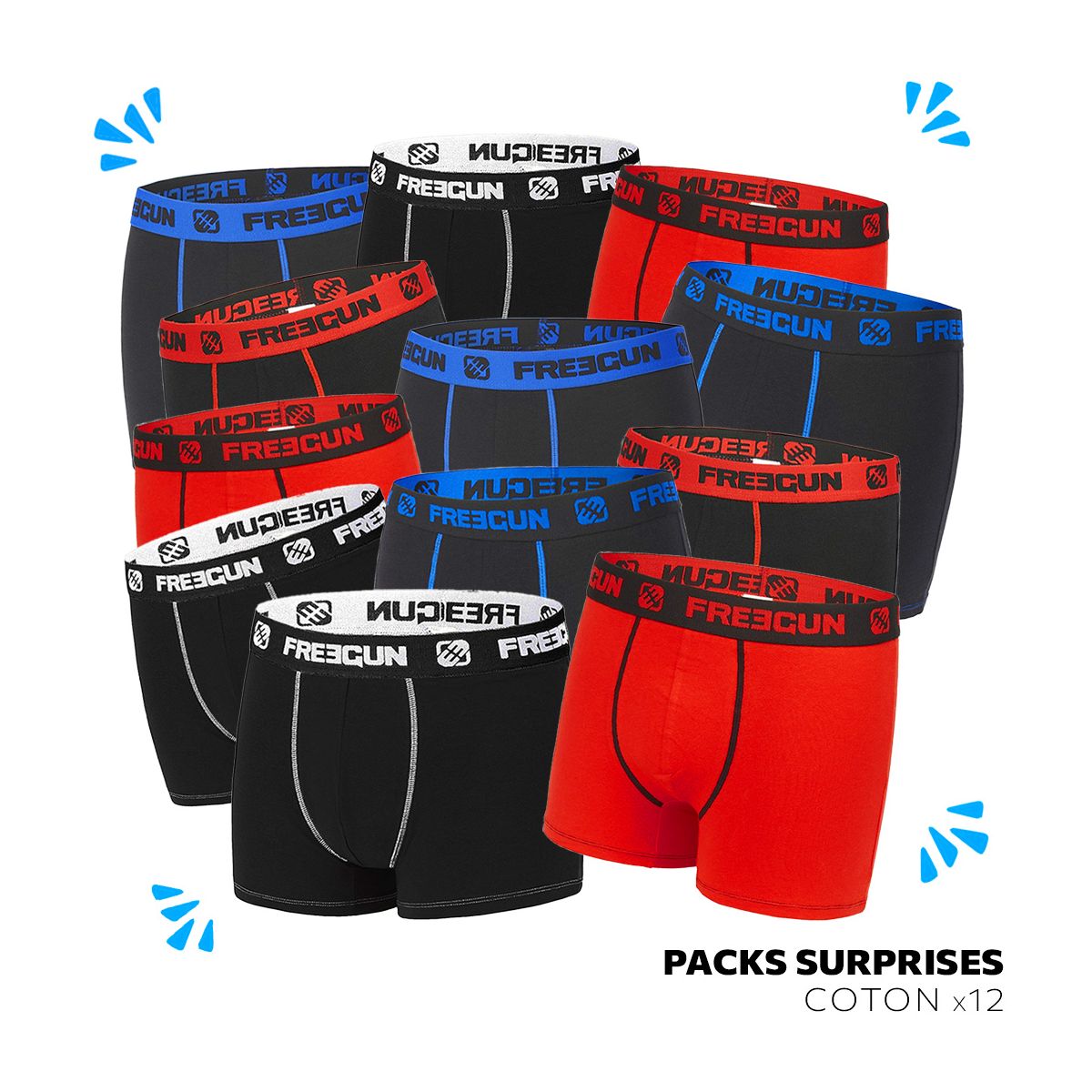 Pack Surprise de 12 Boxers Homme Coton Uni Stretch| FREEGUN