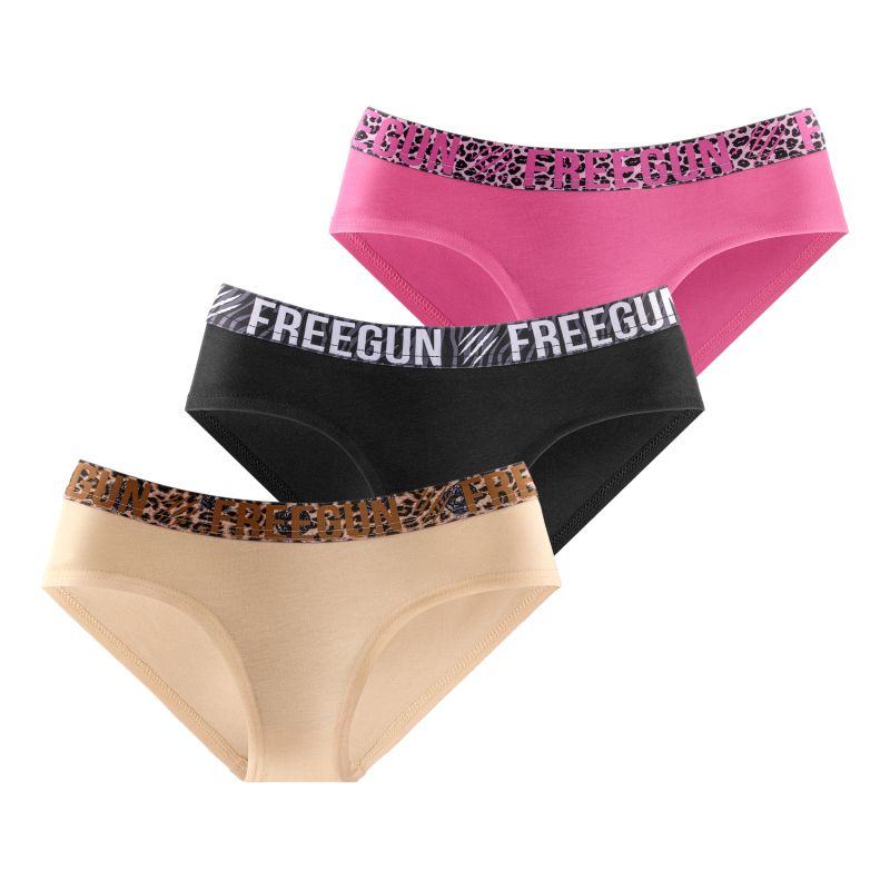freegun Lot de 3 Culottes Noir Rose Beige Coton femme Stretch
