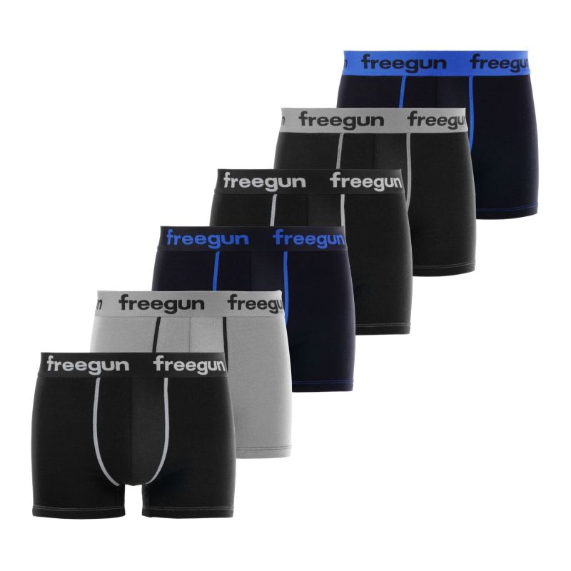 Lot de 6 Boxers Noir, Gris, Bleu, Coton Garcon Uni | FREEGUN