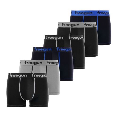 Lot de 6 Boxers Noir, Gris, Bleu, Coton Garcon Uni | FREEGUN