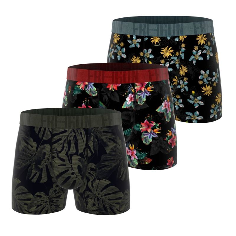 Lot de 3 Boxers Microfibre homme Imprimé Flowers Noir, Kaki, Rouge, Garantie 2 ans | FREEGUN