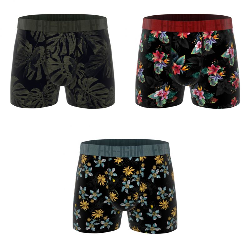 Lot de 3 Boxers Microfibre homme Imprimé Flowers Noir, Kaki, Rouge, Garantie 2 ans | FREEGUN