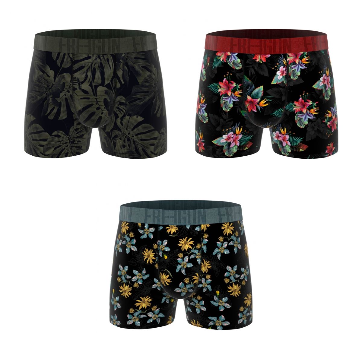 Lot de 3 Boxers Microfibre homme Imprimé Flowers Noir, Kaki, Rouge, Garantie 2 ans | FREEGUN