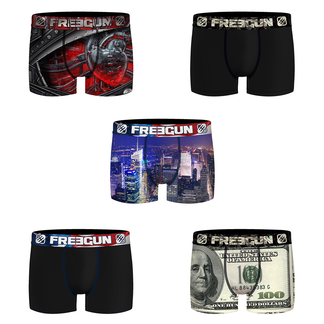 Lot de 5 boxers homme dollar, usa, heart (photo) Lot de 5 boxers homme dollar, usa, heart (photo)