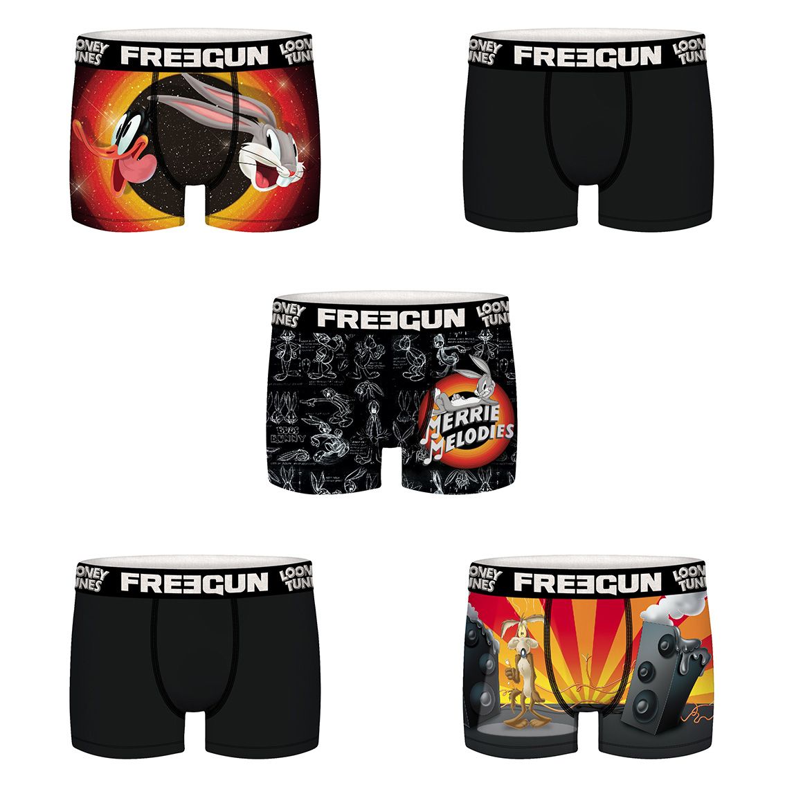 Lot de 5 boxers homme looney tunes bunny, one, wile coyote (photo) Lot de 5 boxers homme looney tunes bunny, one, wile coyote (photo)