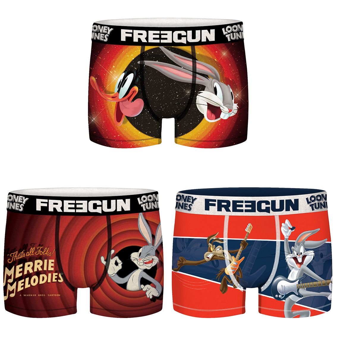 Lot de 3 boxers freegun homme looney tunes rock, one, ring (photo) Lot de 3 boxers freegun homme looney tunes rock, one, ring (photo)