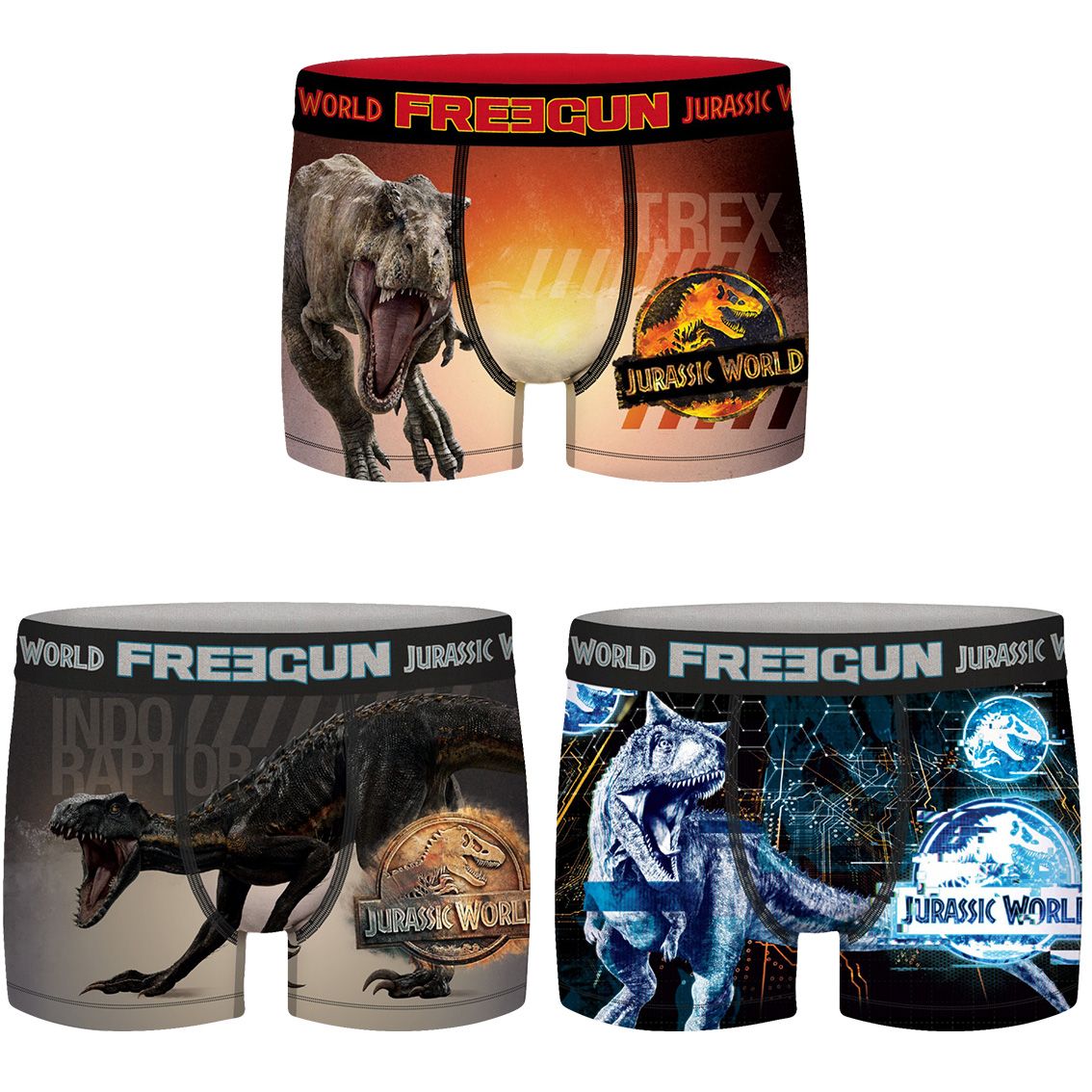 Lot de 3 boxers freegun homme jurassic world digital, digital,indominus et tyranausorus (photo) Lot de 3 boxers freegun homme jurassic world digital, digital,indominus et tyranausorus (photo)