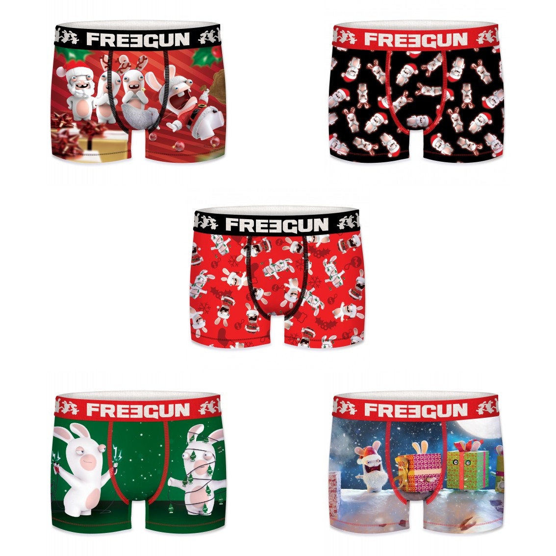 Lot de 5 boxers homme freegun lapins crétins christmas multicolore (photo) Lot de 5 boxers homme freegun lapins crétins christmas multicolore (photo)